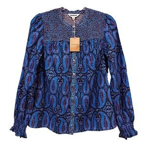 BODEN Size 4 Smocked Yoke Cotton Hotch Potch Paisley Bud Bouse Top NEW Blue NWT